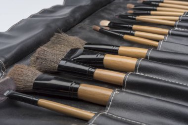 Bir deri cichla kadın güzellik için yedek fırçalar. Profesyonel makyaj fırça seti.