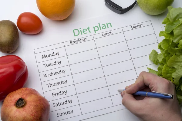 Doctor Writes Prescription Patient Makes Diet Plan Workplace Fresh Fruit — Stock Photo, Image