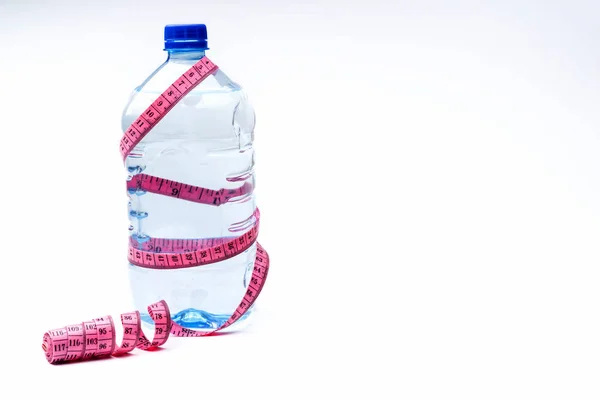 Plastic Water Bottle Measuring Tape Isolated White Concept Health — Stock Photo, Image