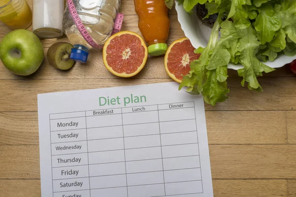 Diet Plan Tape Measure Water Diet Fresh Fruits Wooden Floor — Stock Photo, Image
