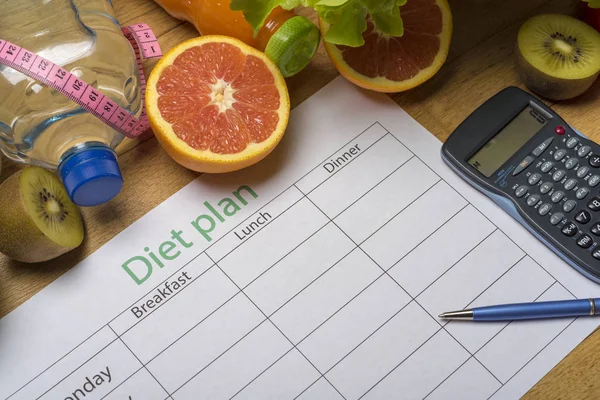 Diet Plan Tape Measure Water Diet Fresh Fruits Wooden Floor — Stock Photo, Image