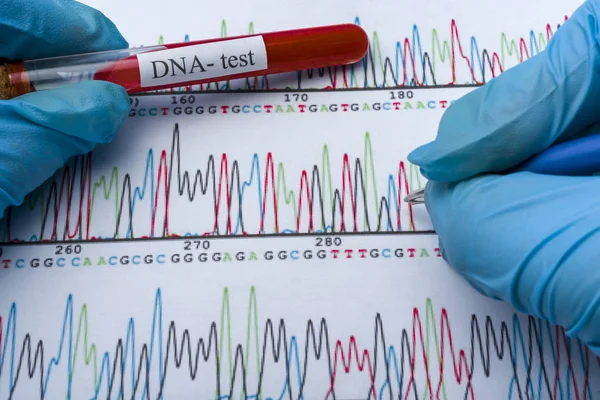 DNA molecule forming inside the vial in for blood analysis.3D rendering, conceptual images. — Stock Photo, Image