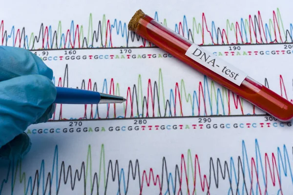 Molécula de DNA formando dentro do frasco para injetáveis para análise de sangue. renderização 3D, imagens conceituais . — Fotografia de Stock