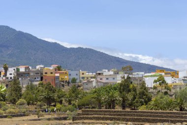 Dağlar, sis, Tenerife adasında evler.