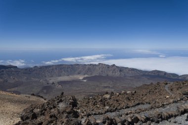Katılaşmış lav ile Teide Las Canadas Caldera yanardağ görünümü. Bulutların üzerinde Teide milli Park dağ manzara. Tenerife, Kanarya Adaları, İspanya.