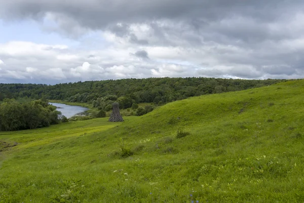 Зелене поле з річкою під блакитним небом — стокове фото