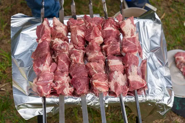 Carne Cruda Pinchos Para Cocinar Sobre Carbones Preparación Carne Fuego —  Fotos de Stock