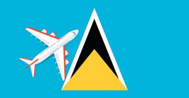 Saint Lucia bayrağının üzerinde uçan bir yolcu uçağının vektör illüstrasyonu. Turizm ve seyahat kavramı