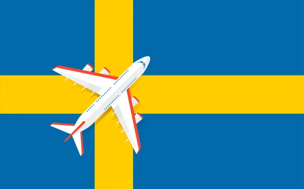 Vektorová Ilustrace Osobního Letadla Vznášejícího Nad Vlajkou Švédska Koncept Cestovního — Stockový vektor