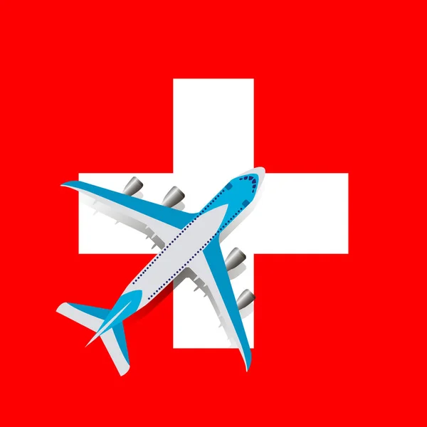Vector Illustration Пасажирський Літак Над Швейцарським Прапором Концепція Туризму Подорожей — стоковий вектор