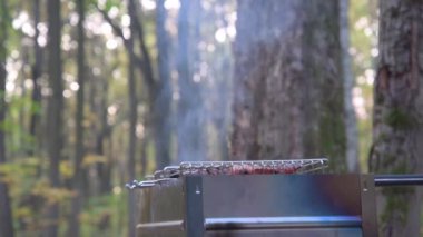 Izgaradaki etle ızgarayı çevir. Lezzetli yemek ve açık hava eğlencesi kavramı..