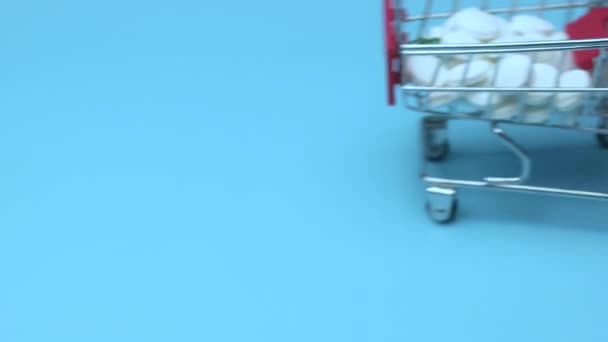 Pills Shopping Cart Blue Background Concept Medicine Addiction — Stock Video