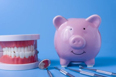 Mavi arka plan ve diş aletleri üzerinde Piggy Bank. Diş implantı ve tedavi için para biriktirme kavramı.