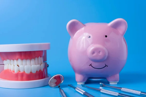 Mavi arka plan ve diş aletleri üzerinde Piggy Bank. Diş implantı ve tedavi için para biriktirme kavramı.