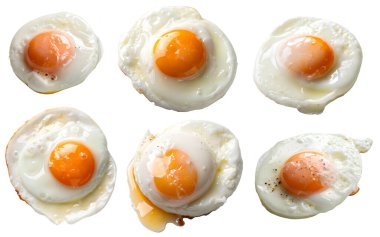 Parlak sarı sarısı olan altı mükemmel kızarmış yumurta temiz beyaz bir yüzeye yerleştirilir. Her yumurta parlak beyaz bir dış görünüş ve benzersiz bir açı sergiliyor..