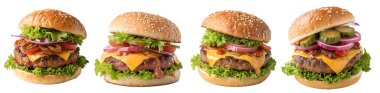Sıraya dizilmiş lezzetli hamburgerler, parlak yeşil marul, dilimlenmiş soğan, domates, salatalık turşusu ve işlenmiş peynir ile süslenmiş, iştahı kabart..