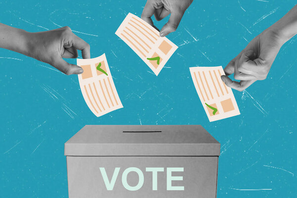 Искусство коллажа, руки протягивают руки, чтобы бросить бюллетени в урну для голосования, символизируя гражданскую активность и участие в демократическом процессе на энергичном голубом фоне.