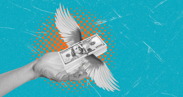A hand extends outwards, holding a bundle of cash that has wings. This striking visual set against a bright blue background illustrates the idea of money bringing freedom and opportunity.