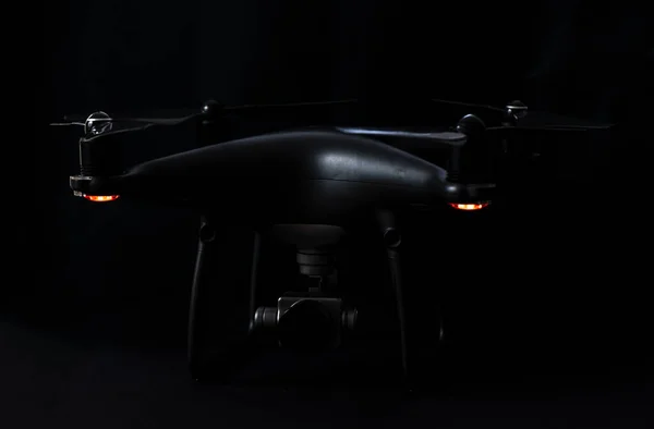 Black Drone Silver Camera Black Background — Stock Photo, Image