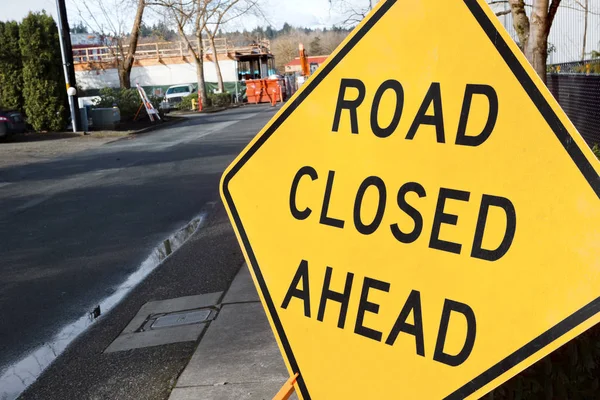 Downtown Road Construction Closes City Street Sign Side Makes Drivers — Stock Photo, Image