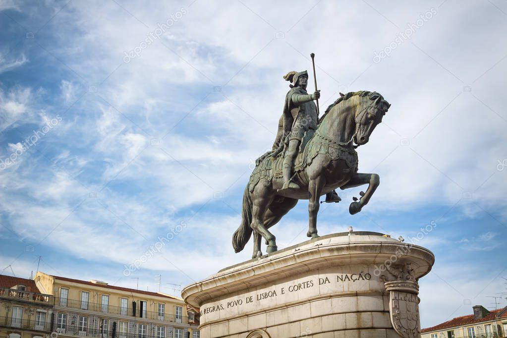 In Lisboa, Portugal, a Statue of King John I sits in the Praca da Figueira. 