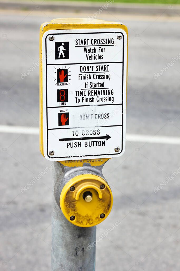 Crosswalk button with illustrations and explaining what each symbols means.