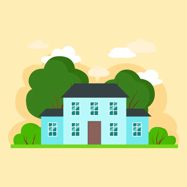 Simple Flat Blue House Green Trees Yellow Background Vector Illustration — Stock Vector