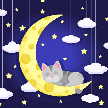 Ay 'da uyuyan sevimli kedi. İyi geceler tasarım konsepti. Çocuksu vektör çizimi. Çizgi film kedisi gece yarısı yarım ayda oturuyor. Kedi rüya görüyor ve her şeyi düşünüyor. Gökyüzündeki yıldızlar 