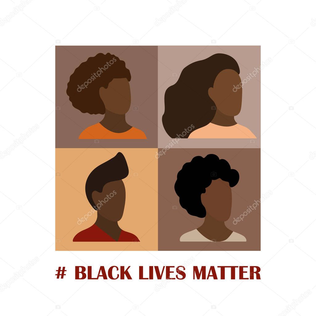 Black Lives Matter and I Can't Breathe concept. Vector Illustration, Young African Americans man and woman against racism, protest banners and posters about Human Right of Black People in US