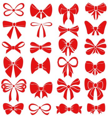 Grafiksel kırmızı dekoratif fiyonklar. Vektör siluetleri. Çizgi film vektörü sarı kurdele saten papyonlar, Noel hediyeleri için mevcut kartlar ve beyaz arka planda izole edilmiş lüks ambalaj paketleri. Tatil illüstrasyonu