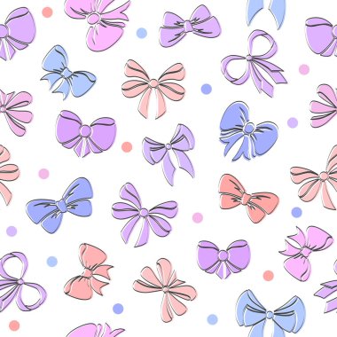 Pembe, mor, mavi kurdeleli beyaz arka planda güzel, pürüzsüz desen. Düğün için sonsuz doku, bebeğim, doğum günü partisi. Vektör tasarımı Yüzeyler için modern desen. 