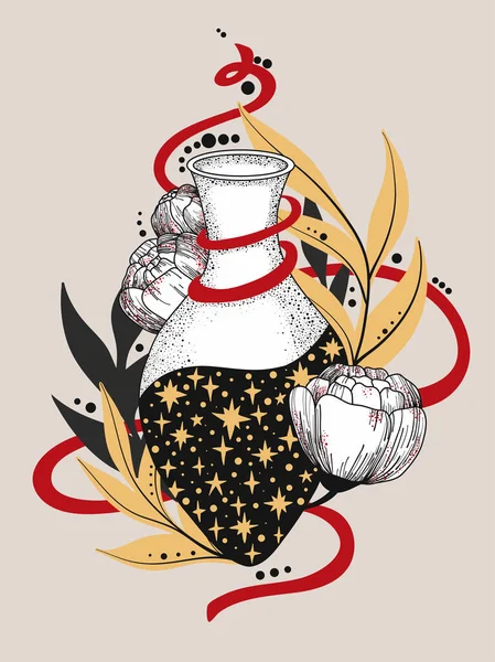 手描き魔法瓶 花とバイアル ゴシック様式 ベクトルイラスト分離 タトゥーデザイン あなたの使用のための魔法のシンボル タトゥー プリントアート ポスター Tシャツ — ストックベクタ
