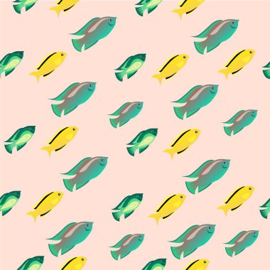 Parlak balıkların kusursuz deseni, ambalaj kağıdı, duvar kağıdı, kumaş deseni, arkaplan, baskı, hediye paketi, defter kapağı, zarf