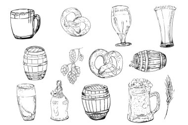 El yapımı bira elementleri beyaz arka planda izole edilmiş. Bardak, bardak, fıçı, şişe, simit, hop, malt. Web, poster, menü, parti daveti için vintage vektör gravürleme.