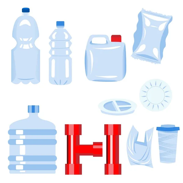 Plastik eşyalar. Şişe, tabak, cam, tüp, 5 galonluk kova, çanta, ambalaj, tünel, bidon. Plastik malzemeler — Stok Vektör