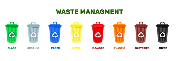 Illustrazione vettoriale di contenitori per rifiuti di diversi tipi. Gestione dei rifiuti conept. Zero rifiuti, cernita e riciclaggio. Rifiuti organici, carta, plastica, vetro, metallo, rifiuti elettronici e rifiuti misti — Vettoriale Stock