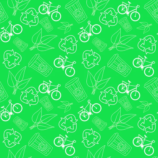 Naadloos patroon van recyclingbord, fiets, afvalbak, blad in groene kleur. Voor inpakpapier, behang, stofpatroon, achtergrond, bedrukking, cadeauverpakking, omslag van notitieboekje, enveloppe — Stockvector