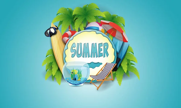 Sommer Design Eines Vektor Banners Mit Bunten Strandelementen Auf Blauem — Stockvektor