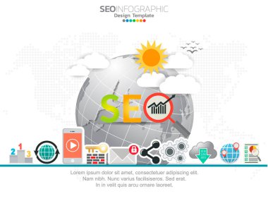 Dijital Pazarlama konsepti. Simgeli bilgi tablosu, iş akışı düzeni, diyagram, rapor, web tasarımı için kullanılabilir.