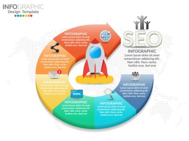 İş dünyasının 6 bölümünün iş akışı şeması, diyagramı, raporu, web tasarımı için kullanılabilir. Seçenekleri, adımları veya süreçleri olan iş kavramı.