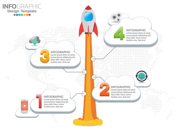Ступенчатый Инфографический Дизайн Ракеты Космического Корабля Запускается Через Облака — стоковый вектор