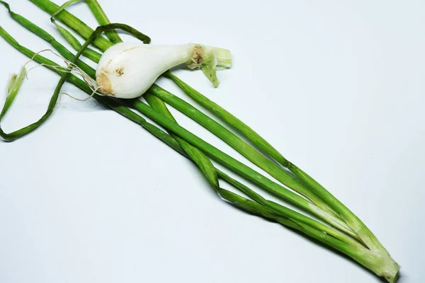 Fresh Green Spring Onion Roots Isolated White Background — Stok Foto