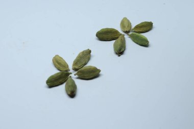 Beyaz arka planda izole edilmiş yeşil kakule tohumları.