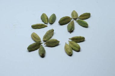 Beyaz arka planda izole edilmiş yeşil kakule tohumları.