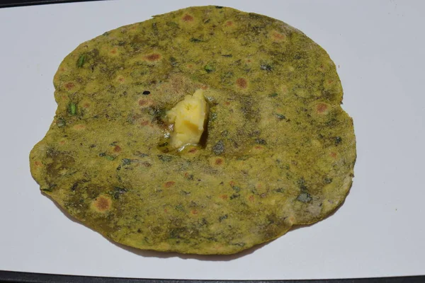 Palak Paratha Delicioso Saudável Saboroso Pão Indiano Feito Farinha Trigo — Fotografia de Stock