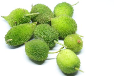 Taze yeşil dikenli su kabağı ya da beyaz arka planda çay kabağı sebzesi