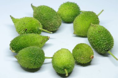 Taze yeşil dikenli su kabağı ya da beyaz arka planda çay kabağı sebzesi