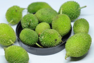 Taze yeşil dikenli su kabağı ya da beyaz arka planda çay kabağı sebzesi