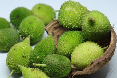 Taze yeşil dikenli su kabağı ya da beyaz arka planda çay kabağı sebzesi