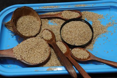 Beyaz zemin üzerinde organik doğal Til Gul veya Susam tohumları